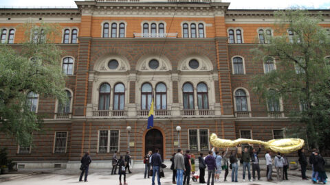 Inflatable golden spoon displayed on the streets of Sarajevo